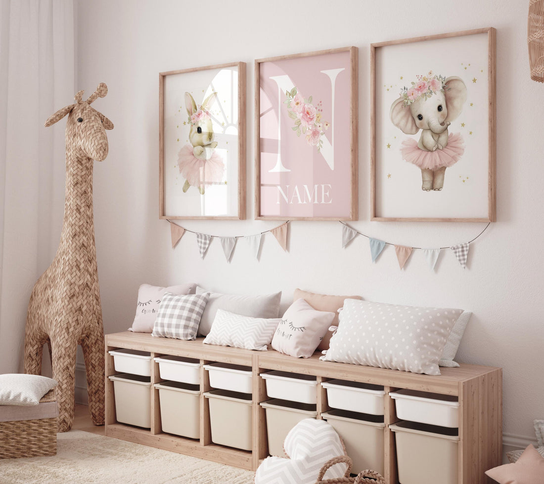 Ballerina Nursery Wall Art Set – Personalized Pink Elephant Bunny Prints, Girl Bedroom Decor, Custom Name Art, Baby Girl Room Wall Decor