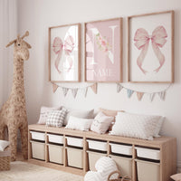 Personalized Pink Bow Nursery Print: Floral Name Monogram