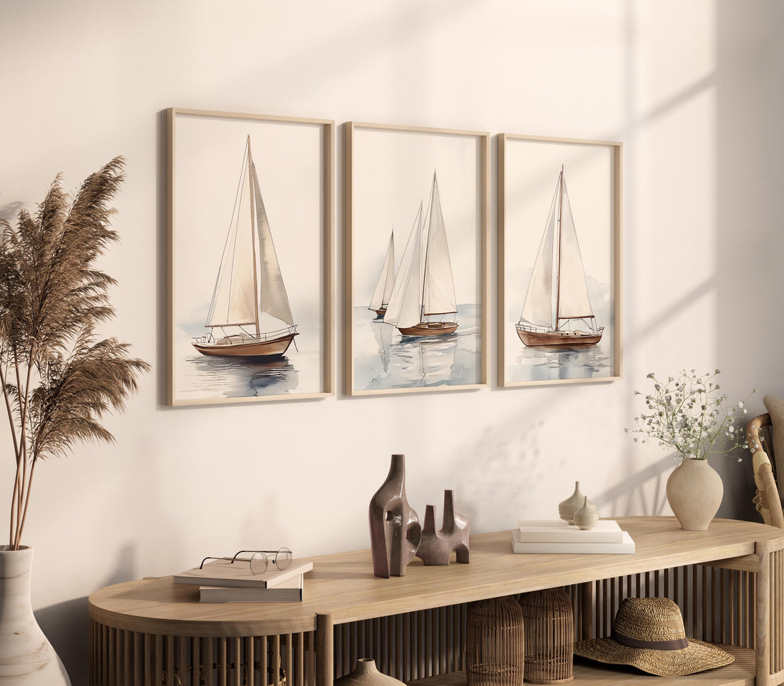 Watercolor Sailboat Print Set: Coastal Nautical Art