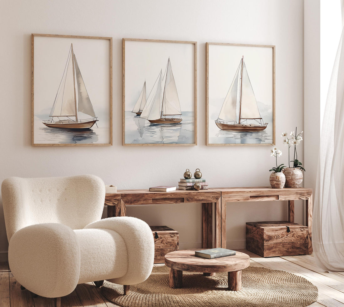 Watercolor Sailboat Print Set: Coastal Nautical Art