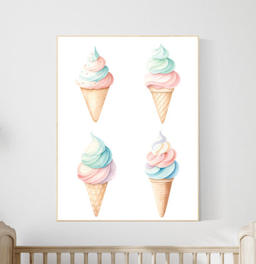 Pastel Ice Cream Cone Wall Art – Colorful Dessert Printable, Summer Candy Shop Decor, Kids Room Art, Cute Sweet Treat Poster