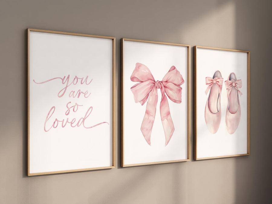 Pink Ballet Nursery Wall Art Set – “You Are So Loved” Quote, Ballerina Shoes & Bow Prints, Baby Girl Room Decor, Blush Ballet Artwork