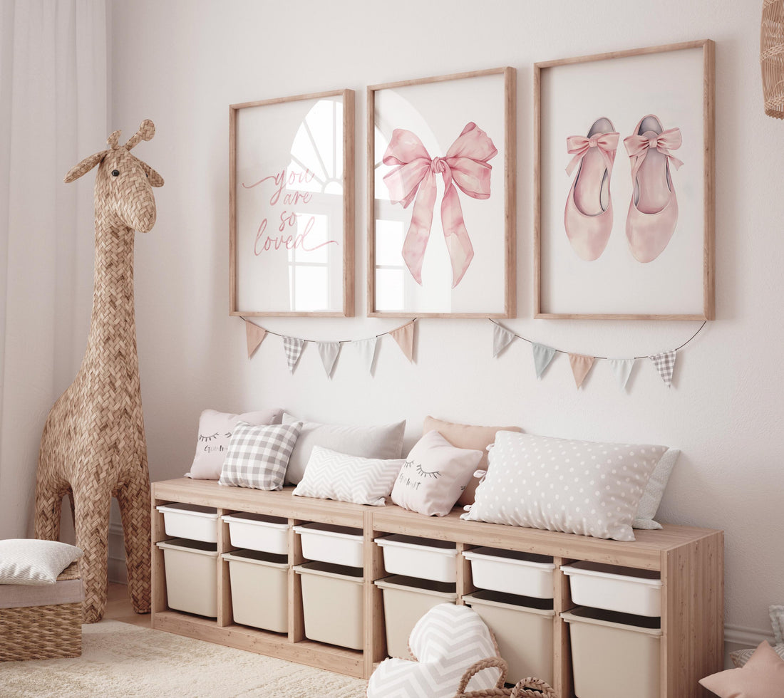 Pink Ballet Nursery Wall Art Set – “You Are So Loved” Quote, Ballerina Shoes & Bow Prints, Baby Girl Room Decor, Blush Ballet Artwork