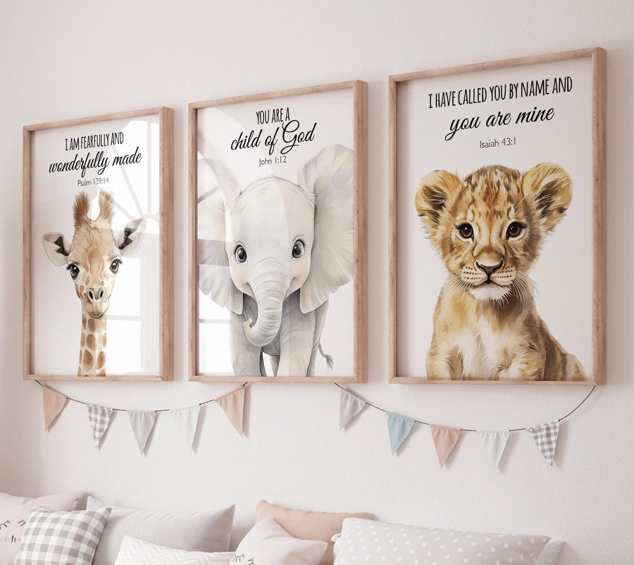 Safari Bible Verse Nursery Wall Art Set, Giraffe Elephant Lion Prints, Christian Baby Room Decor, Scripture Animal Posters for Kids