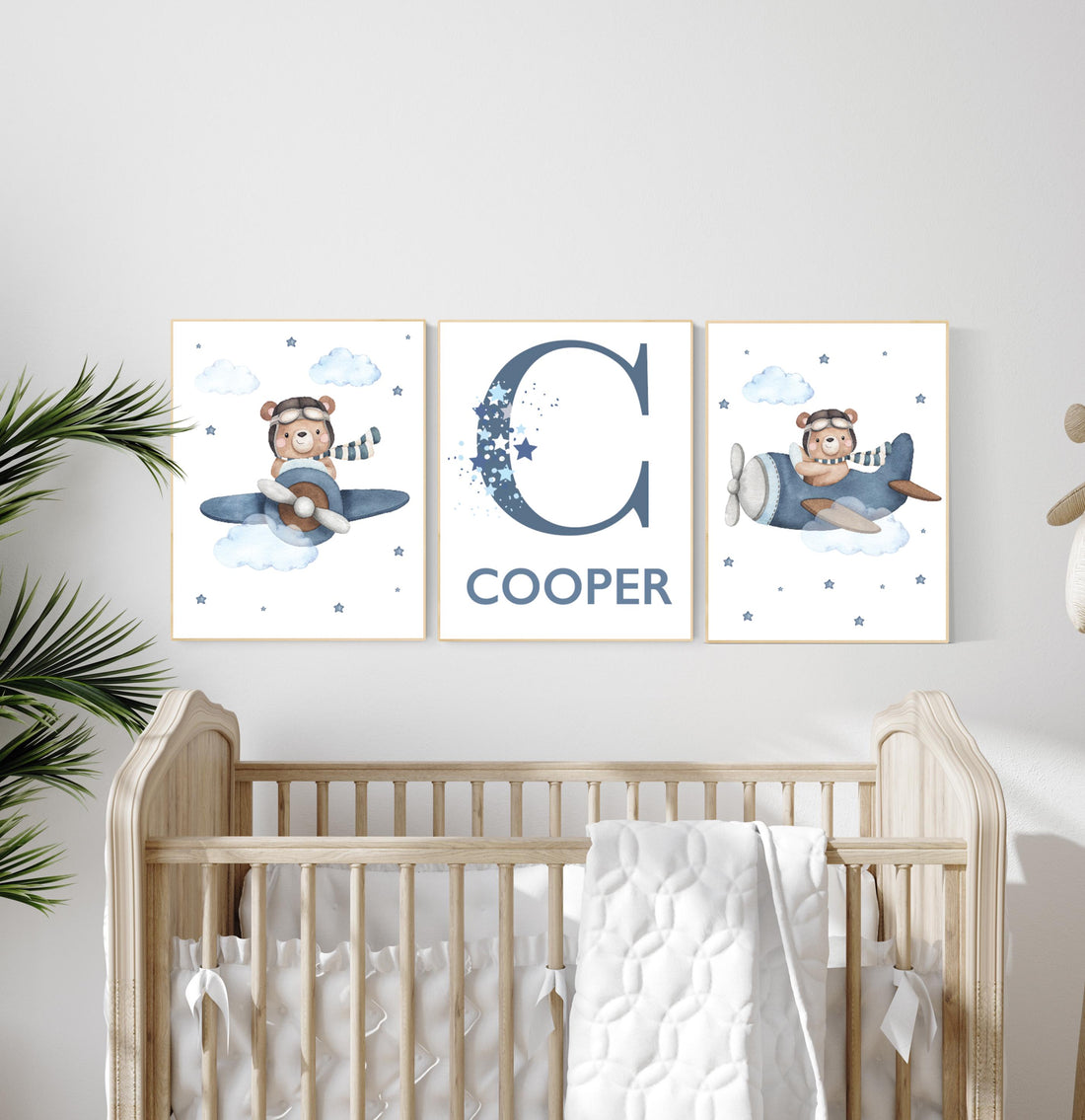 Airplane Bear Nursery Print: Personalized Initial, Blue Sky Decor