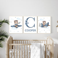 Airplane Bear Nursery Print: Personalized Initial, Blue Sky Decor