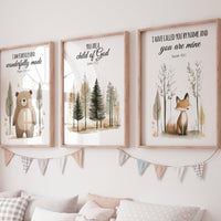 Woodland Bible Verse Nursery Wall Art, Bear Fox Forest Prints, Christian Baby Room Decor, Scripture Animal Posters, Gender Neutral Set