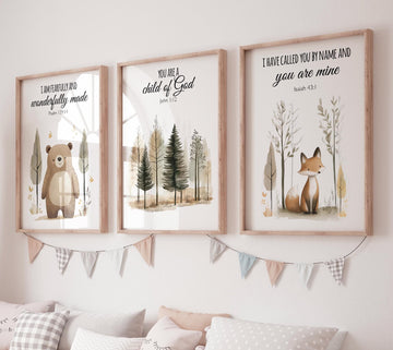 Woodland Bible Verse Nursery Wall Art, Bear Fox Forest Prints, Christian Baby Room Decor, Scripture Animal Posters, Gender Neutral Set