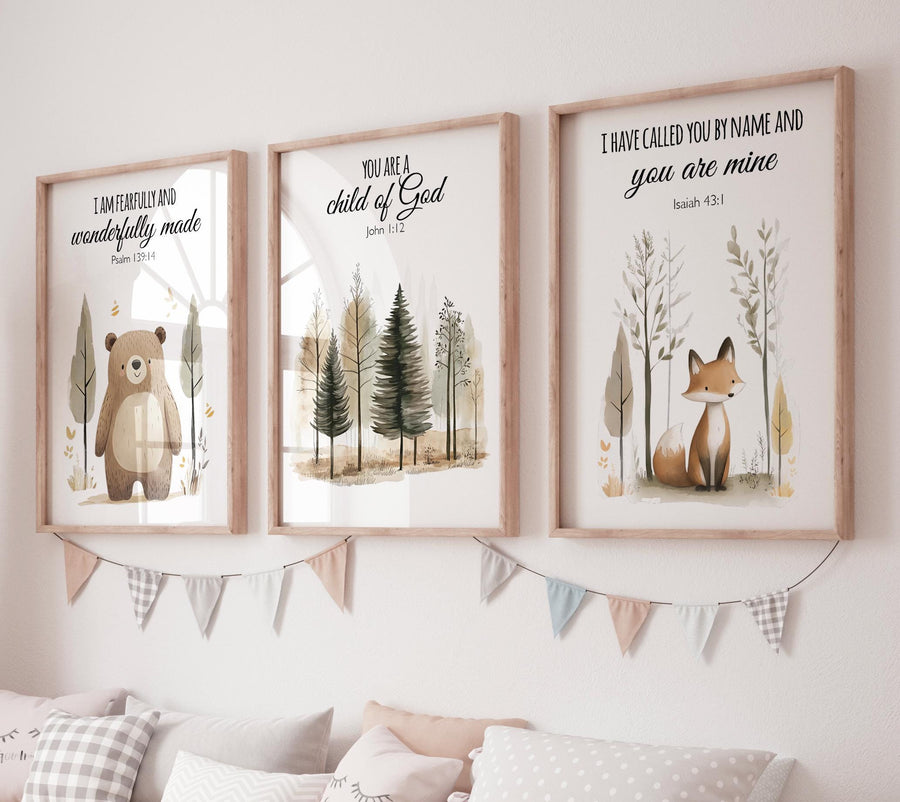 Woodland Bible Verse Nursery Wall Art, Bear Fox Forest Prints, Christian Baby Room Decor, Scripture Animal Posters, Gender Neutral Set