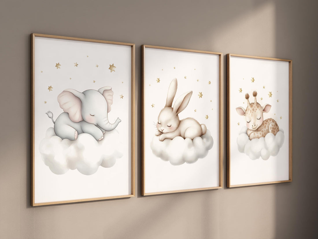 Sleeping Animal Nursery Prints: Elephant, Bunny, Giraffe Wall Art