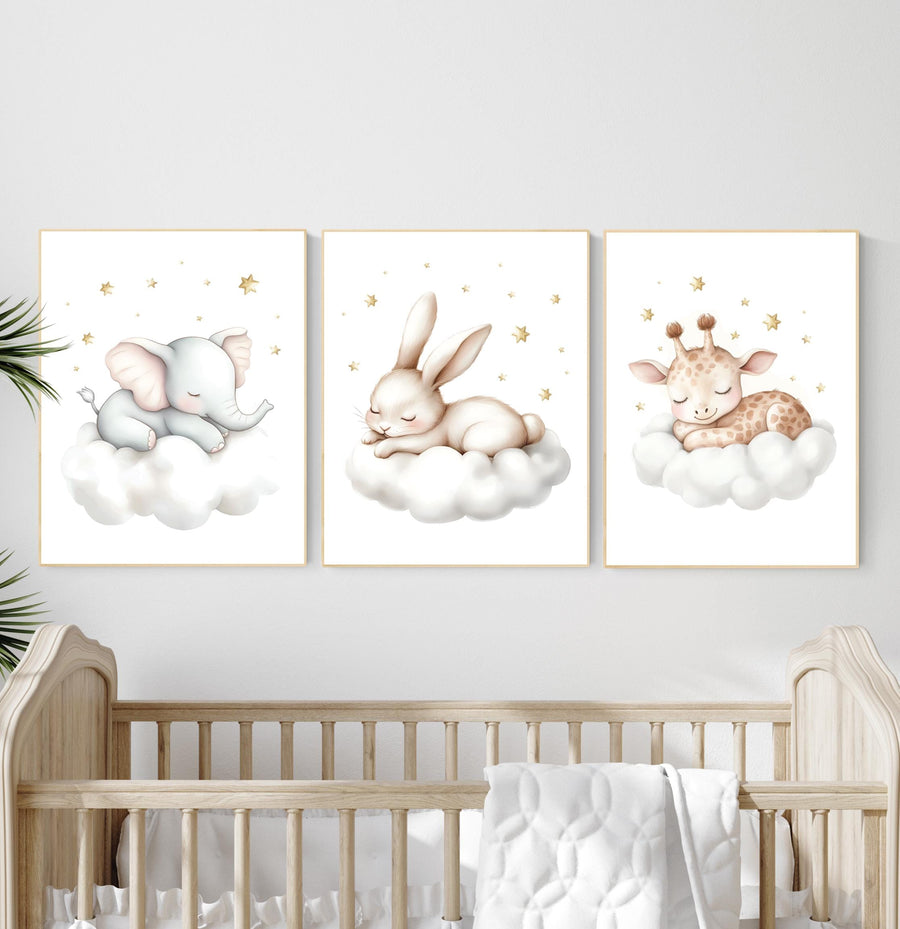 Sleeping Animal Nursery Prints: Elephant, Bunny, Giraffe Wall Art