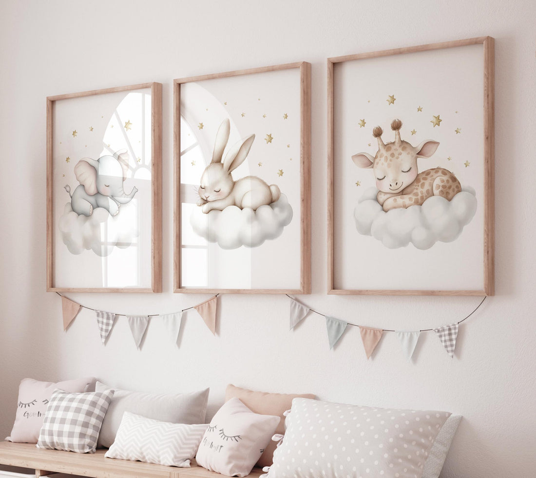 Sleeping Animal Nursery Prints: Elephant, Bunny, Giraffe Wall Art