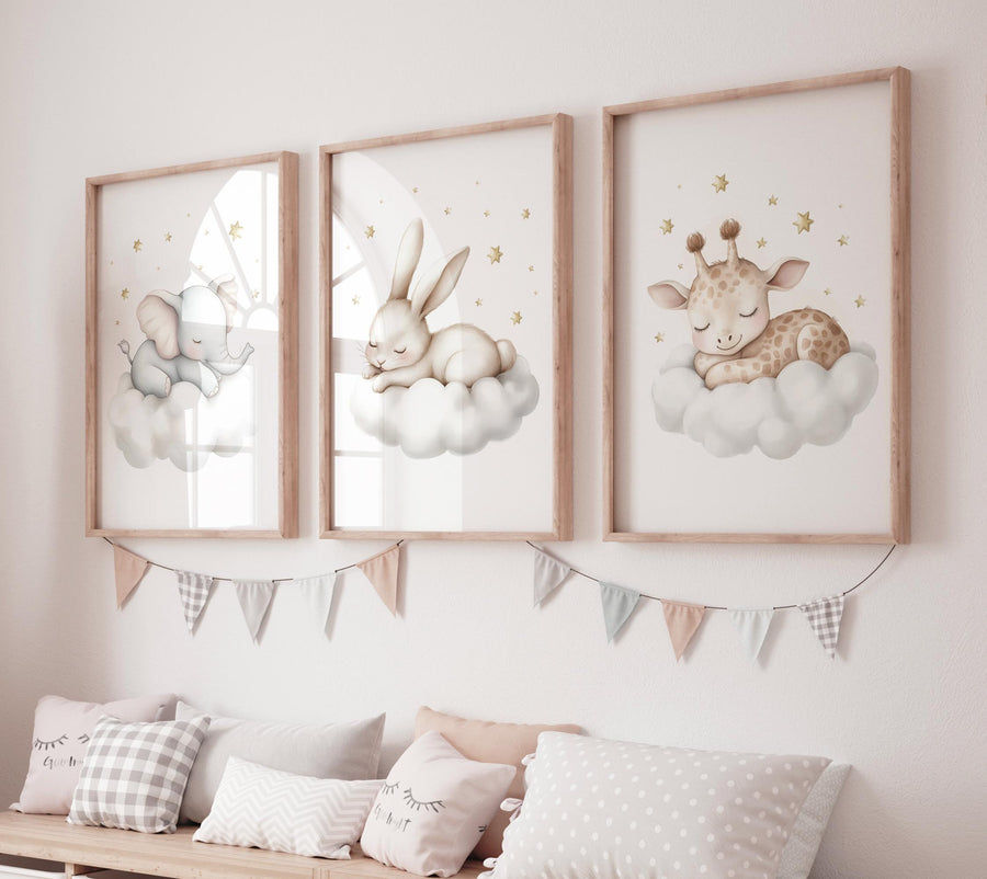 Sleeping Animal Nursery Prints: Elephant, Bunny, Giraffe Wall Art