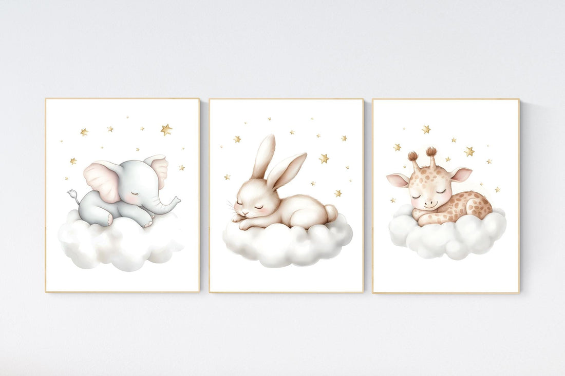 Sleeping Animal Nursery Prints: Elephant, Bunny, Giraffe Wall Art