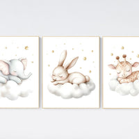 Sleeping Animal Nursery Prints: Elephant, Bunny, Giraffe Wall Art