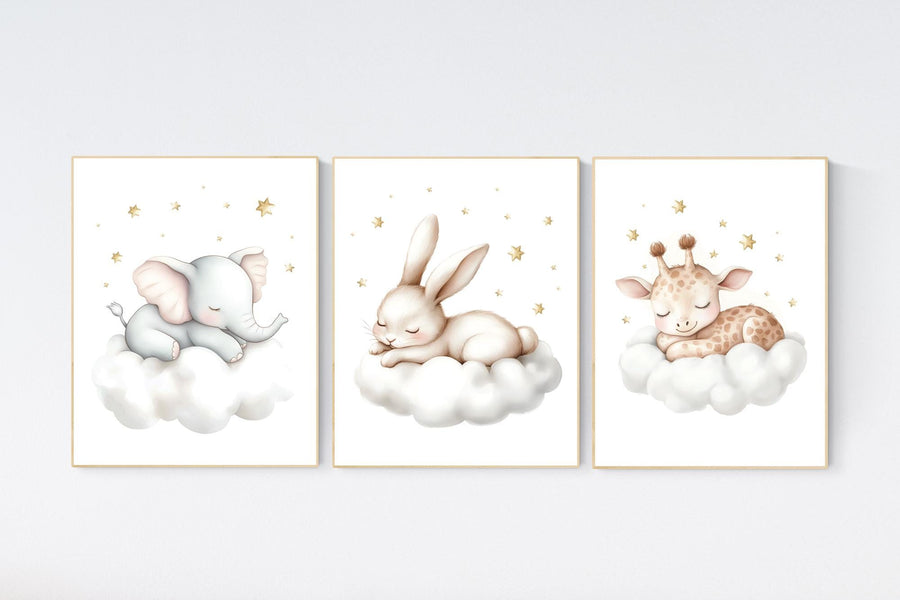 Sleeping Animal Nursery Prints: Elephant, Bunny, Giraffe Wall Art