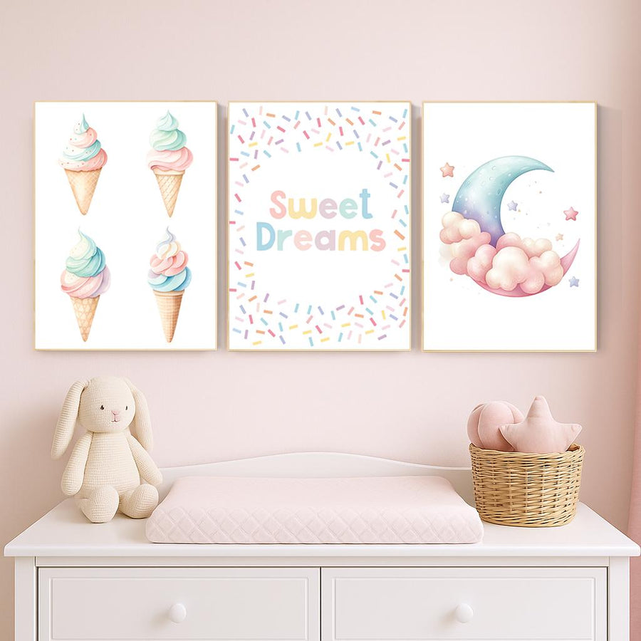 Ice Cream Sweet Dreams Nursery Wall Art – Pastel Moon & Cone Print Set of 3, Cute Bedroom Decor for Kids, Baby Girl or Boy Room Art