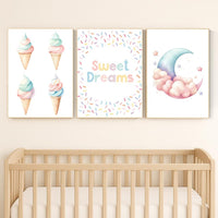 Ice Cream Sweet Dreams Nursery Wall Art – Pastel Moon & Cone Print Set of 3, Cute Bedroom Decor for Kids, Baby Girl or Boy Room Art