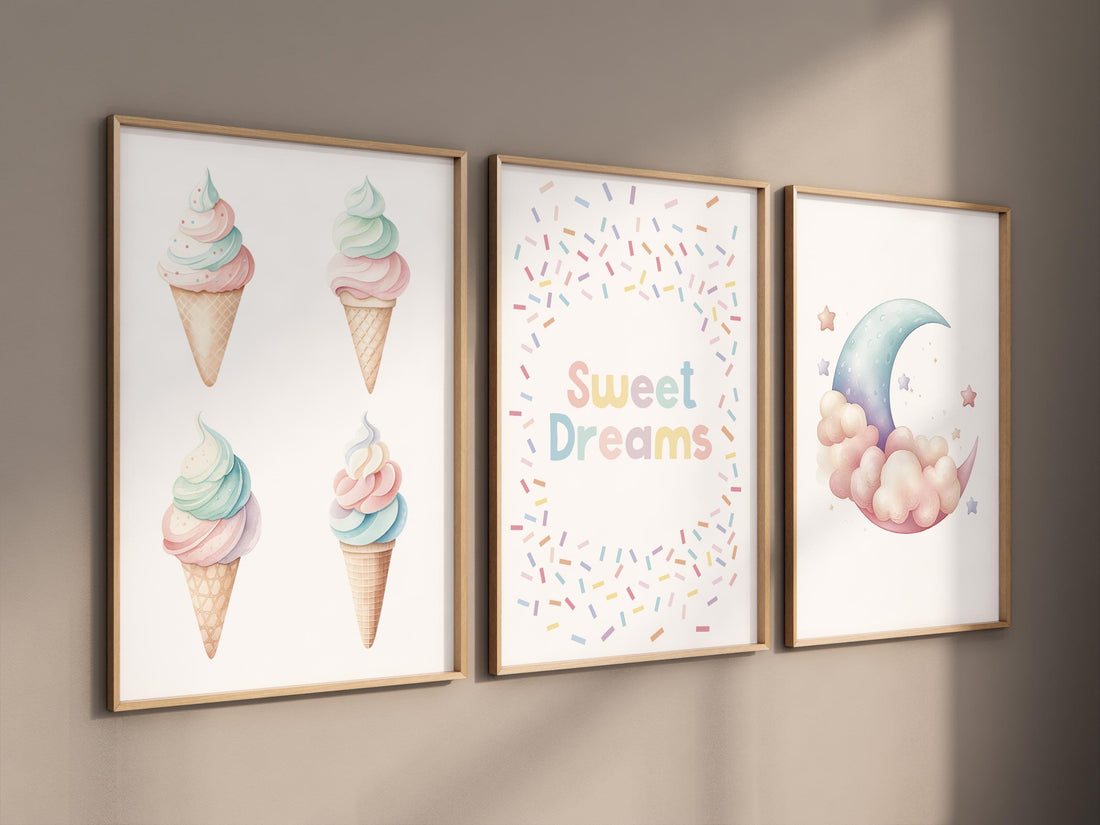 Ice Cream Sweet Dreams Nursery Wall Art – Pastel Moon & Cone Print Set of 3, Cute Bedroom Decor for Kids, Baby Girl or Boy Room Art