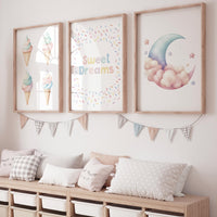 Ice Cream Sweet Dreams Nursery Wall Art – Pastel Moon & Cone Print Set of 3, Cute Bedroom Decor for Kids, Baby Girl or Boy Room Art