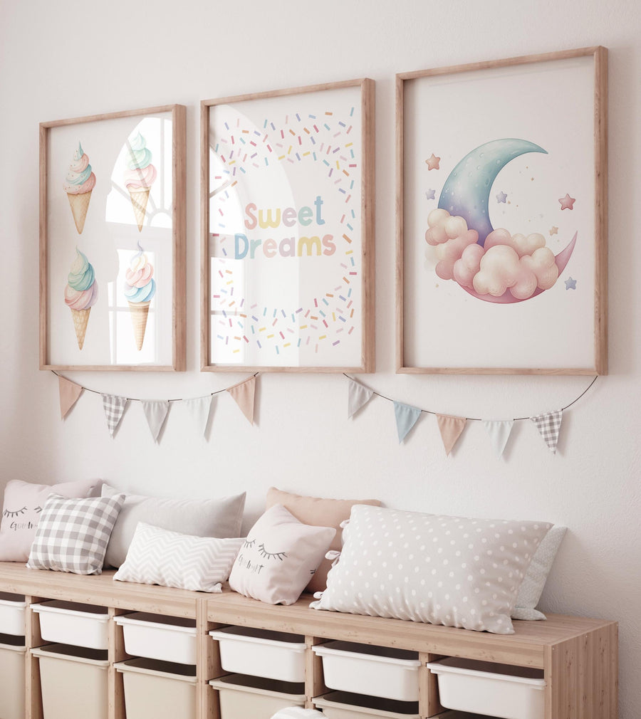 Ice Cream Sweet Dreams Nursery Wall Art – Pastel Moon & Cone Print Set of 3, Cute Bedroom Decor for Kids, Baby Girl or Boy Room Art