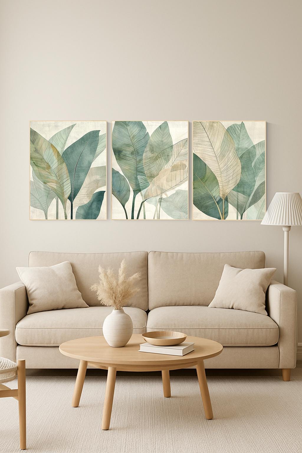 Tropical Leaf Wall Art Set – Neutral Green Botanical Prints for Living Room, Mid Century Modern Jungle Plant Decor (Set of 3)