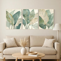 Tropical Leaf Wall Art Set – Neutral Green Botanical Prints for Living Room, Mid Century Modern Jungle Plant Decor (Set of 3)