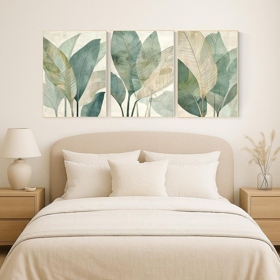 Tropical Leaf Wall Art Set – Neutral Green Botanical Prints for Living Room, Mid Century Modern Jungle Plant Decor (Set of 3)