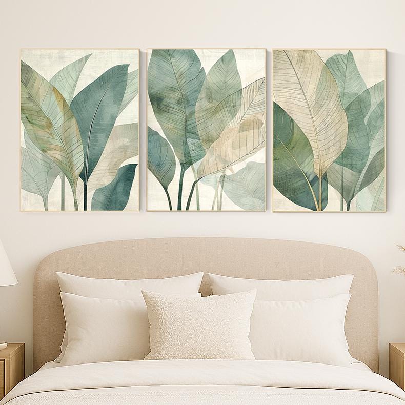 Tropical Leaf Wall Art Set – Neutral Green Botanical Prints for Living Room, Mid Century Modern Jungle Plant Decor (Set of 3)
