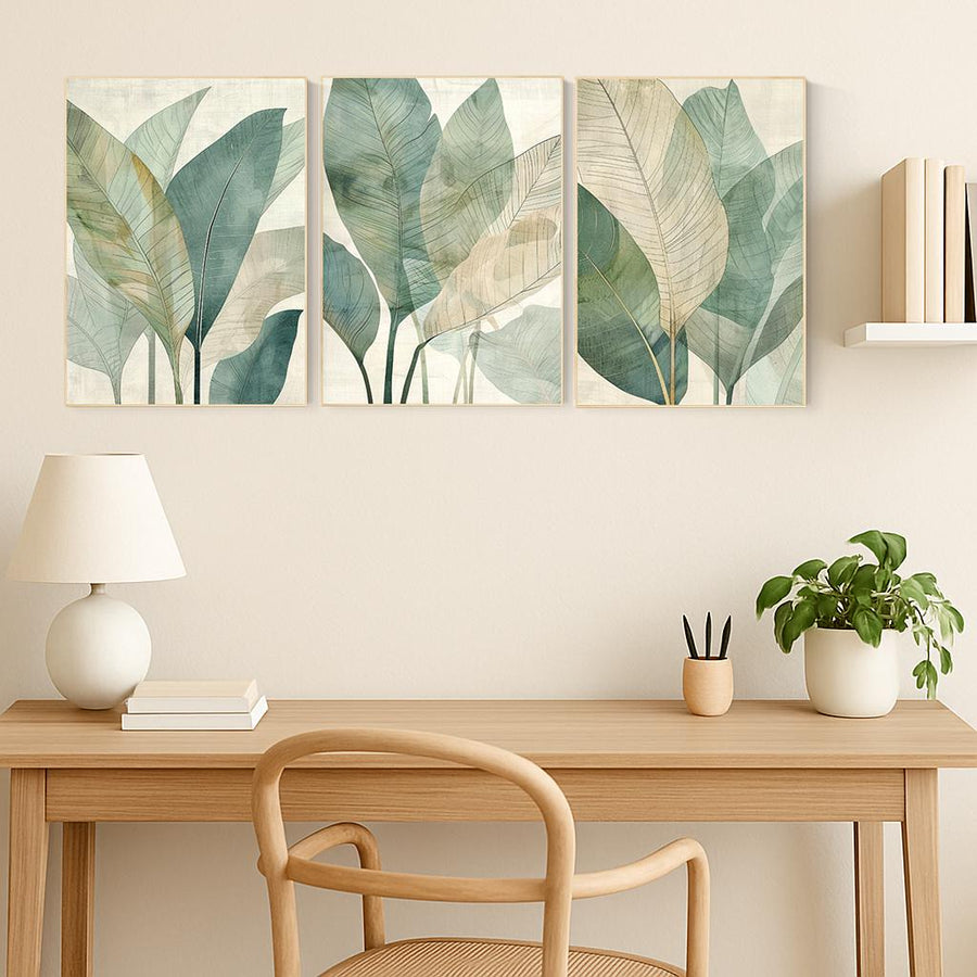 Tropical Leaf Wall Art Set – Neutral Green Botanical Prints for Living Room, Mid Century Modern Jungle Plant Decor (Set of 3)