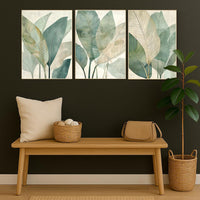 Tropical Leaf Wall Art Set – Neutral Green Botanical Prints for Living Room, Mid Century Modern Jungle Plant Decor (Set of 3)