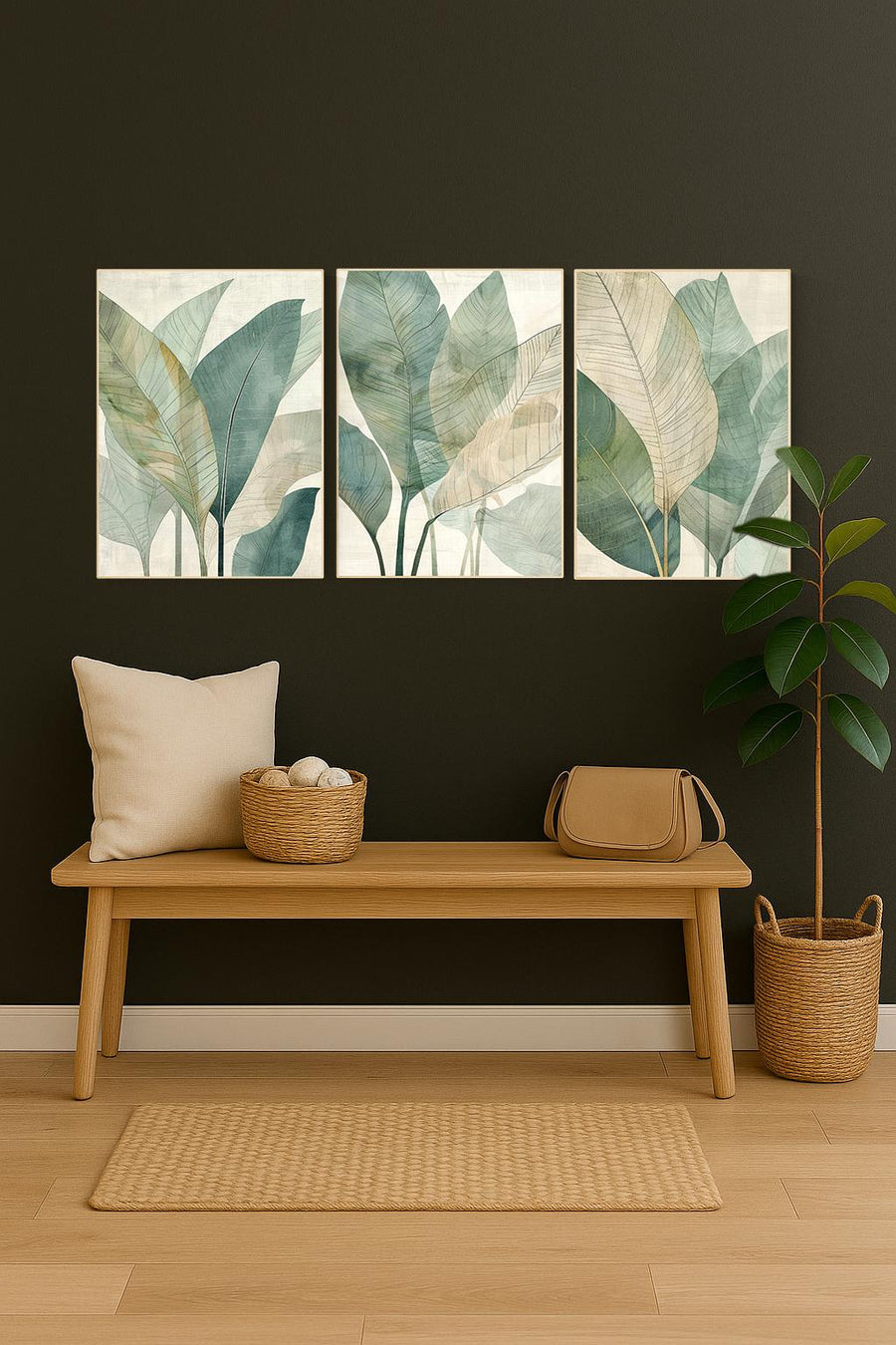 Tropical Leaf Wall Art Set – Neutral Green Botanical Prints for Living Room, Mid Century Modern Jungle Plant Decor (Set of 3)