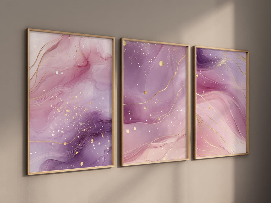 Pink Marble Wall Art Set: Abstract Gold Accent Prints