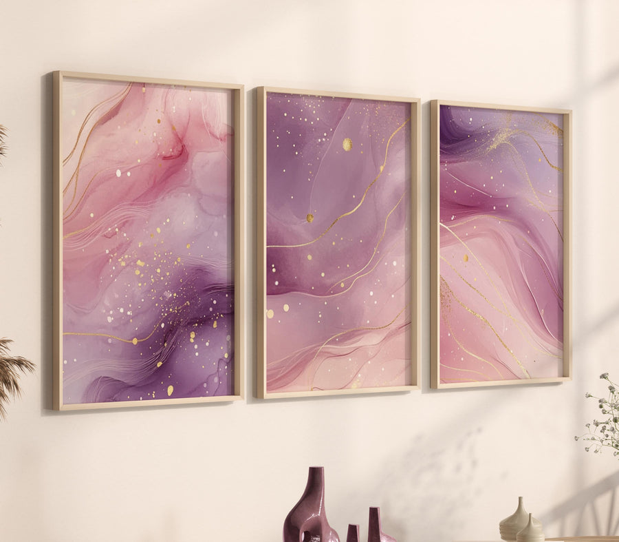 Pink Marble Wall Art Set: Abstract Gold Accent Prints