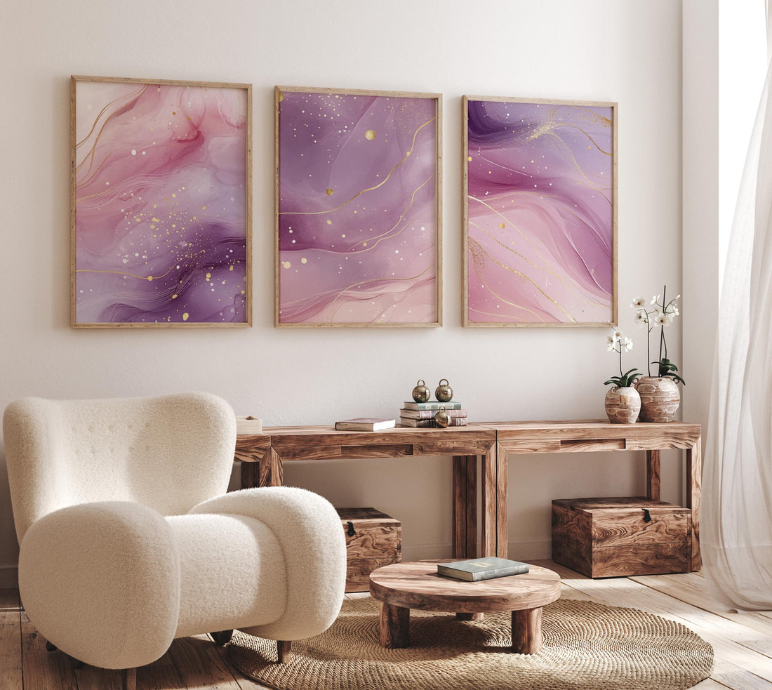 Pink Marble Wall Art Set: Abstract Gold Accent Prints