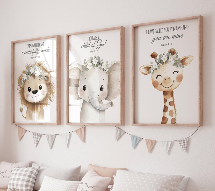 Animal Nursery Prints: Lion, Elephant, Giraffe, Christian Decor