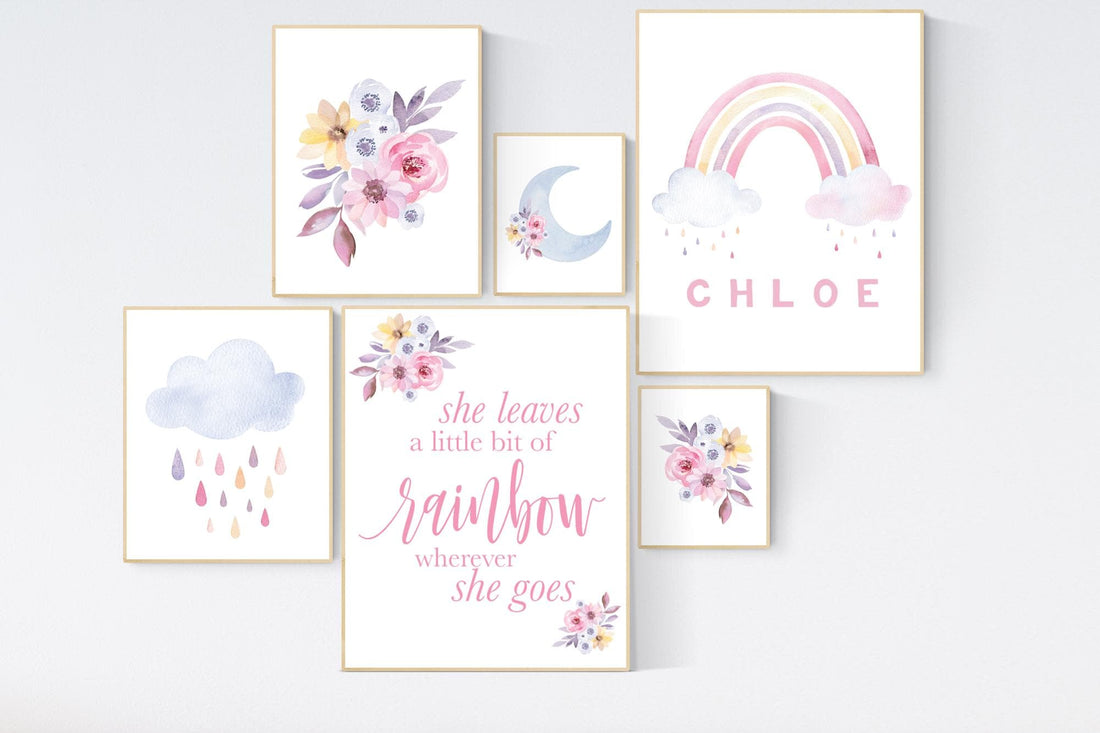 Personalized Rainbow Nursery Art: Watercolor Moon, Flowers, Clouds
