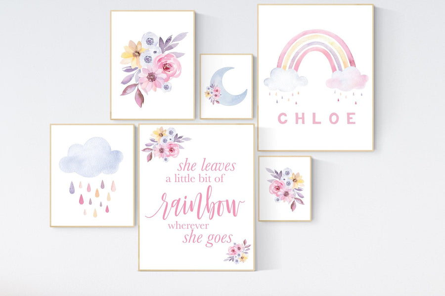 Personalized Rainbow Nursery Art: Watercolor Moon, Flowers, Clouds