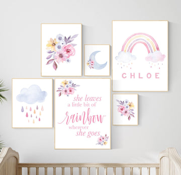 Personalized Rainbow Nursery Art: Watercolor Moon, Flowers, Clouds