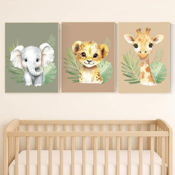 Safari Animal Nursery Wall Art – Jungle Baby Elephant, Lion, and Giraffe Prints – Neutral Safari Decor for Boys or Girls (Set of 3)