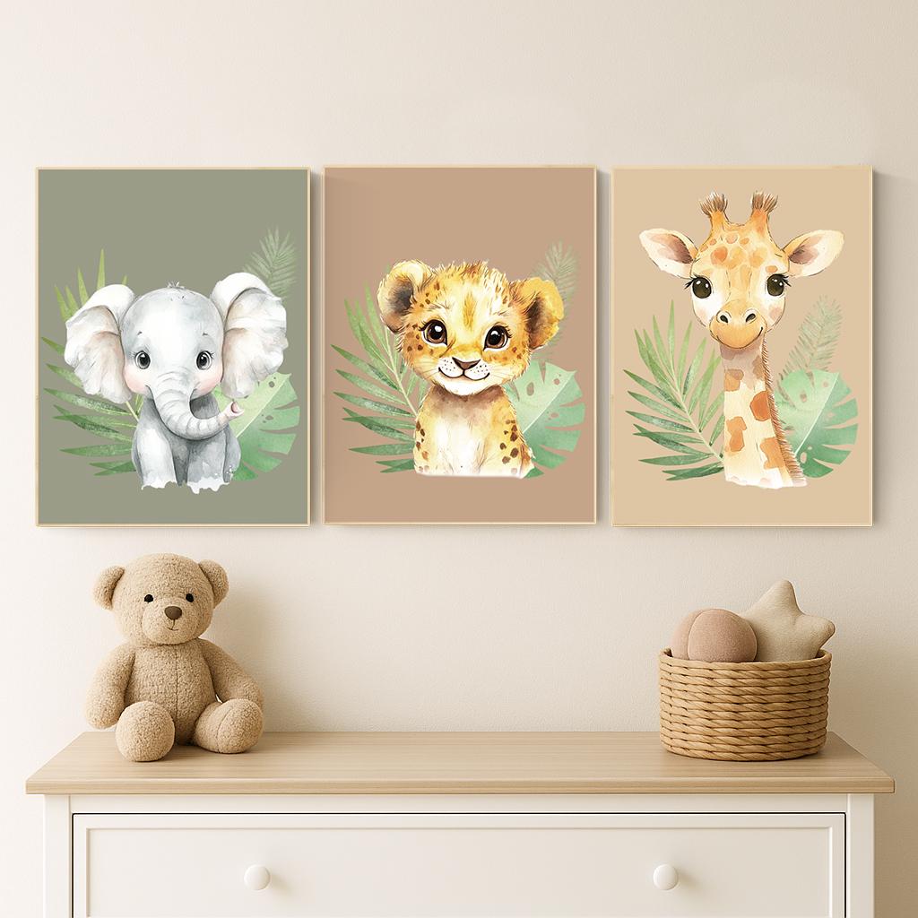 Safari Animal Nursery Wall Art – Jungle Baby Elephant, Lion, and Giraffe Prints – Neutral Safari Decor for Boys or Girls (Set of 3)