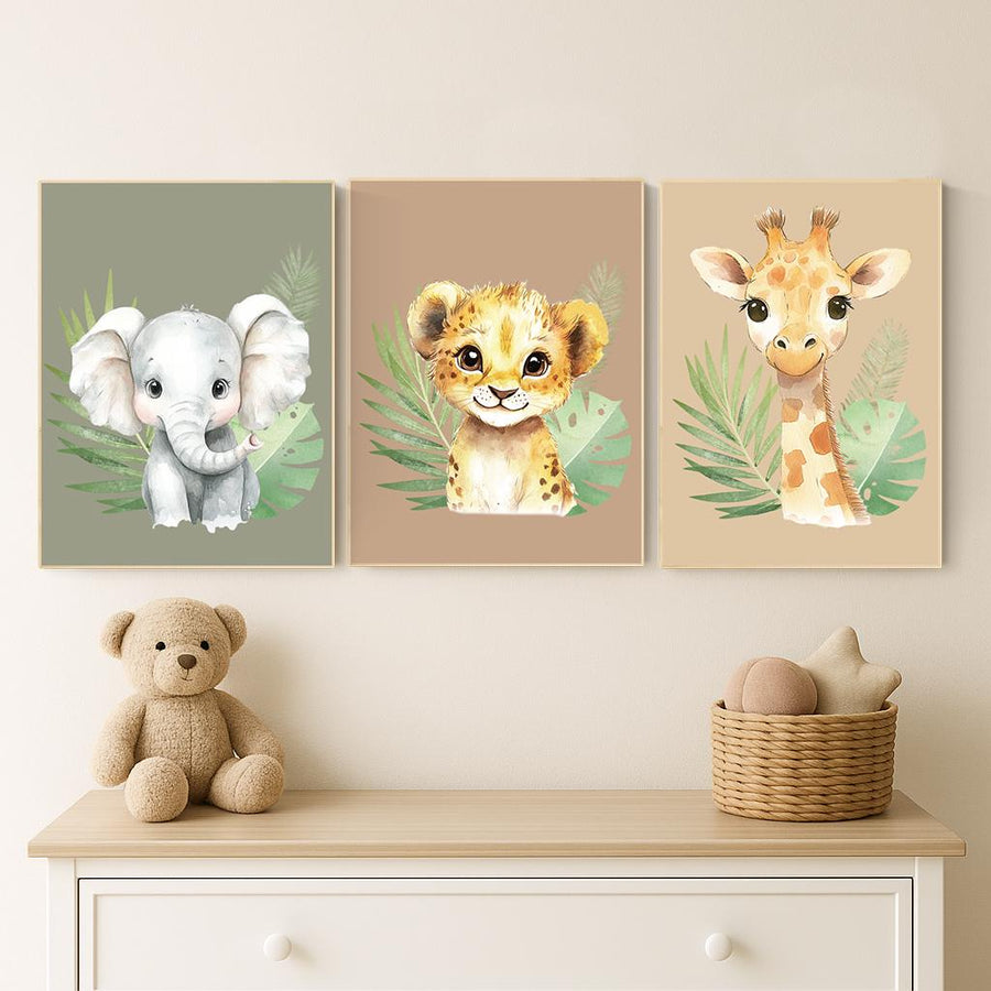 Safari Animal Nursery Wall Art – Jungle Baby Elephant, Lion, and Giraffe Prints – Neutral Safari Decor for Boys or Girls (Set of 3)