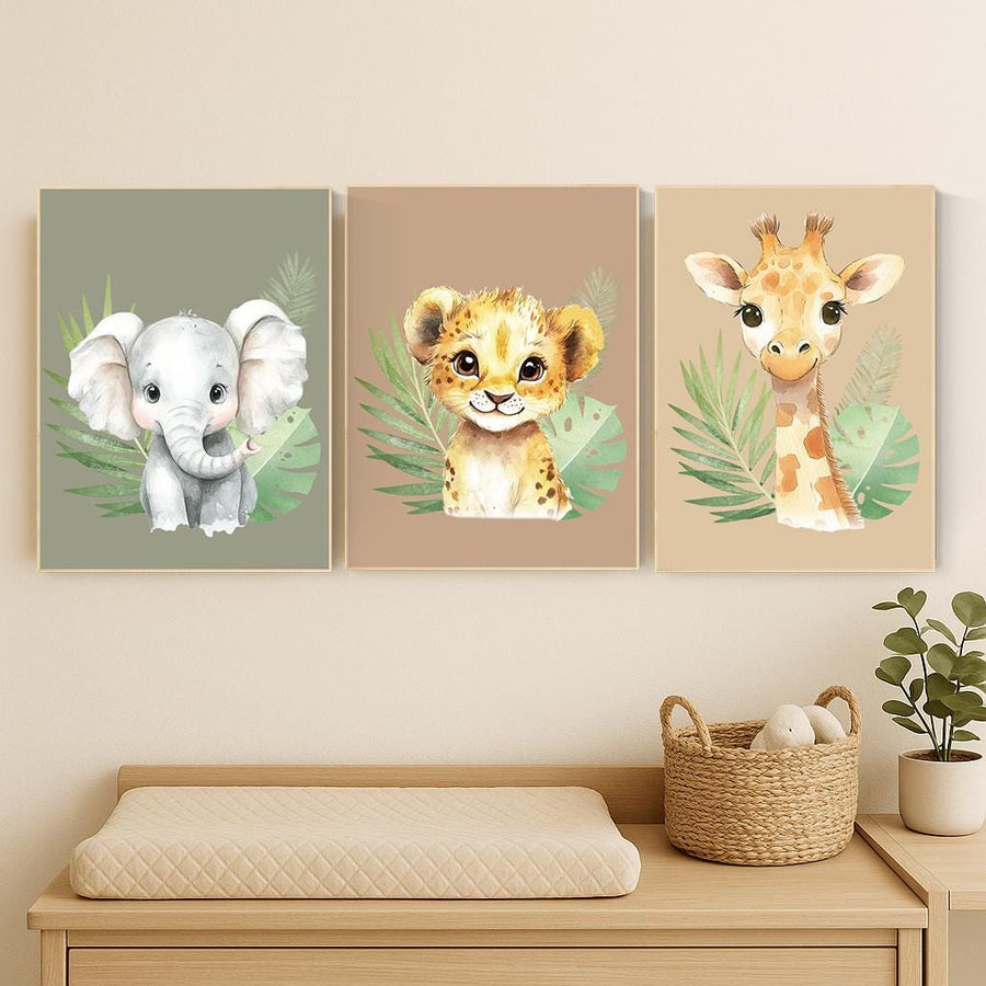 Safari Animal Nursery Wall Art – Jungle Baby Elephant, Lion, and Giraffe Prints – Neutral Safari Decor for Boys or Girls (Set of 3)