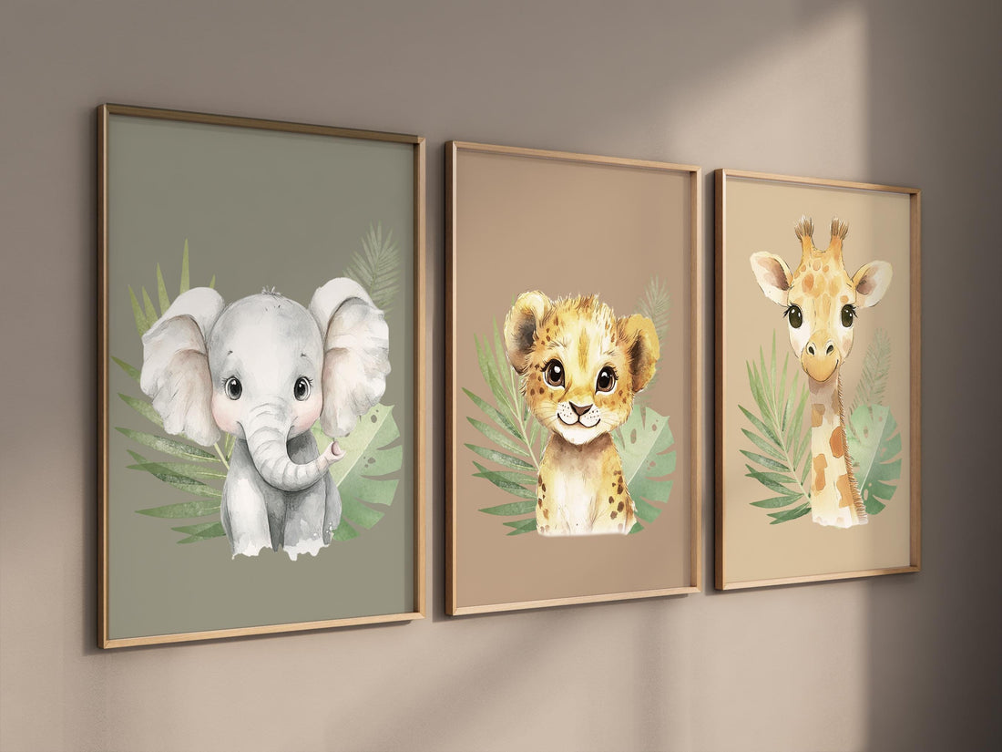 Safari Animal Nursery Wall Art – Jungle Baby Elephant, Lion, and Giraffe Prints – Neutral Safari Decor for Boys or Girls (Set of 3)