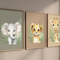 Safari Animal Nursery Wall Art – Jungle Baby Elephant, Lion, and Giraffe Prints – Neutral Safari Decor for Boys or Girls (Set of 3)