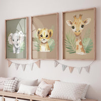 Safari Animal Nursery Wall Art – Jungle Baby Elephant, Lion, and Giraffe Prints – Neutral Safari Decor for Boys or Girls (Set of 3)