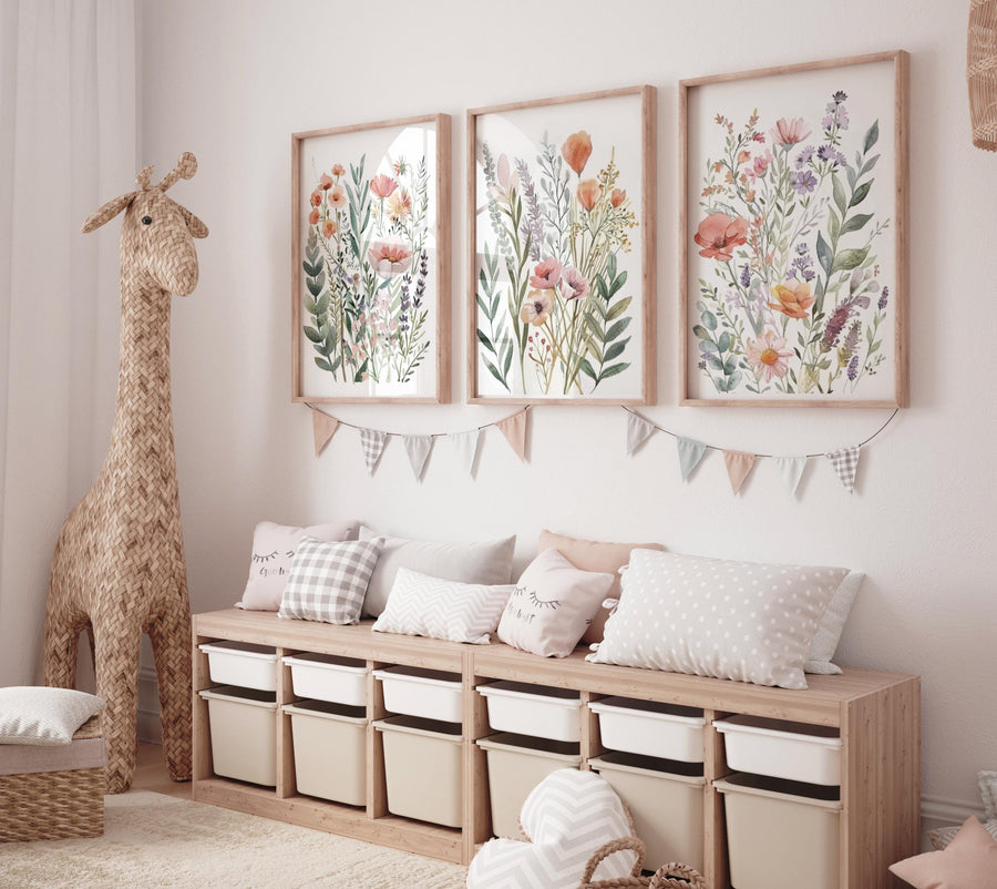 Watercolor Wildflower Print Set, Neutral Boho Botanical Art (Set of 3)