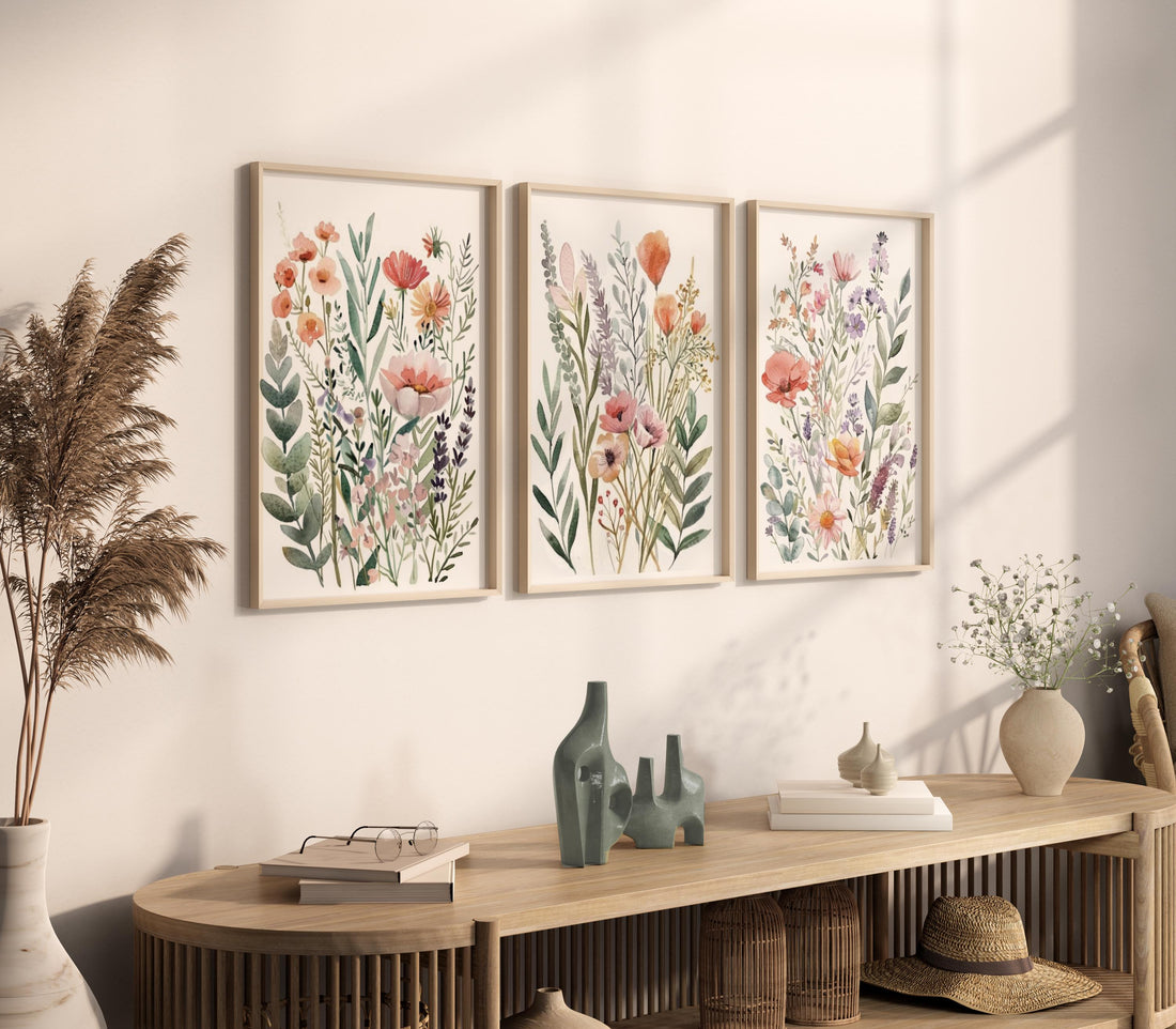 Watercolor Wildflower Print Set, Neutral Boho Botanical Art (Set of 3)
