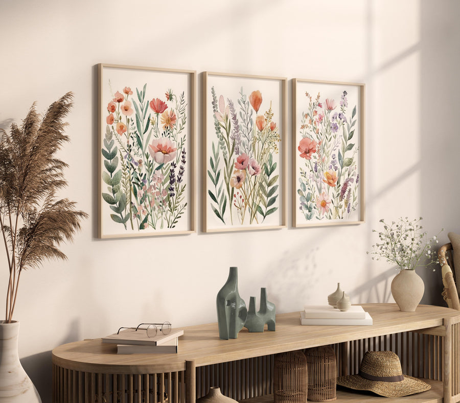 Watercolor Wildflower Print Set, Neutral Boho Botanical Art (Set of 3)