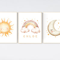 Personalized Sun Moon Rainbow Print Set: Boho Nursery Decor